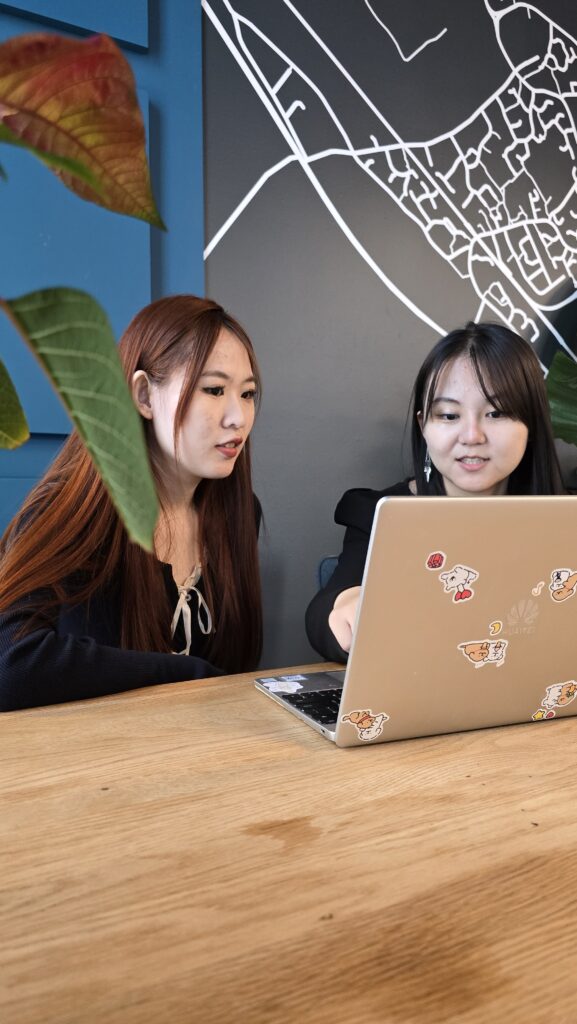 Two students sat on a laptop booking student accommodation
